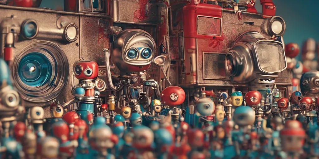 Prompt: closeup portrait of tin toy retro robot city diorama, depth of field, f 3 2, zeiss lens, detailed, centered, fashion photoshoot, by nicoletta ceccoli, mark ryden, lostfish, breathtaking, 8 k resolution, extremely detailed, beautiful, establishing shot, artistic, hyperrealistic, octane render, - h 8 0 4