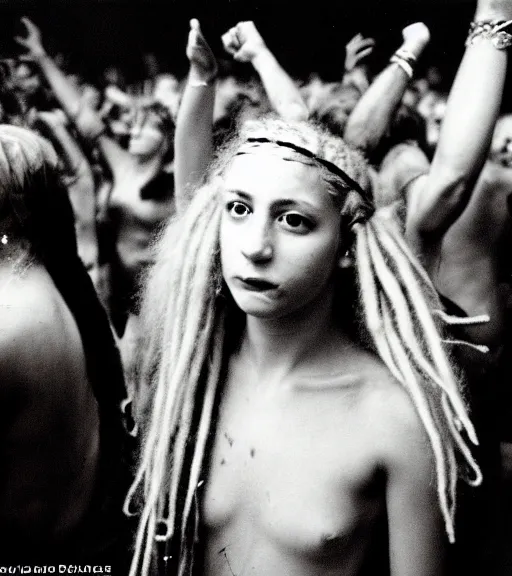 Prompt: portrait of a stunningly beautiful hippie girl with shoulder length blonde dreadlocks dancing at a rave festival, by bruce davidson