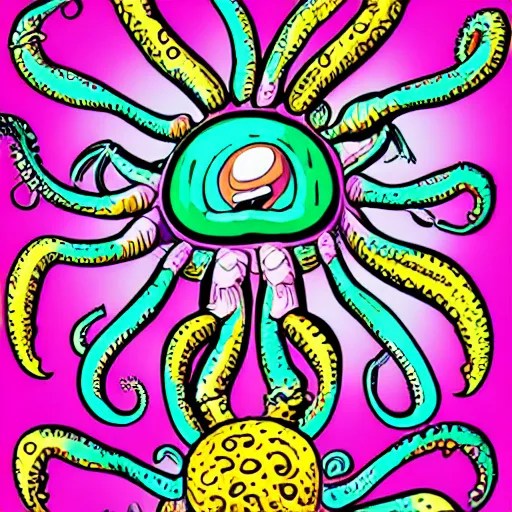 Image similar to a coconut inside a crab with tentacles and three pistons crying at 3 am in psychedelic colours