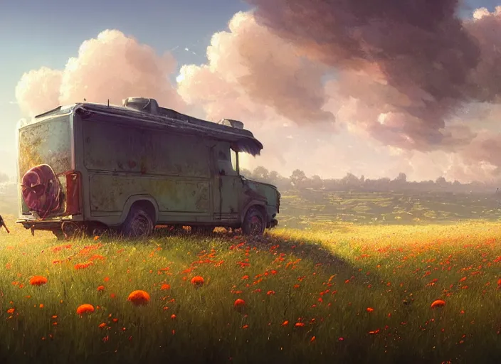 Image similar to detailed intricate digital illustration by greg rutkowski and and wlop and sanford robinson gifford ; conversion van, beautiful meadow with colorful flowers and puffy clouds in background ; 1 3 mm film, arri alfa anamorphic lens ; sharp focus, golden hour lighting, trending on artstation 4 k ; close view