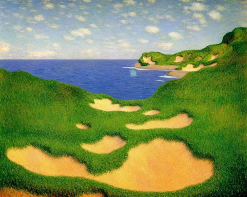 Image similar to achingly beautiful painting of pacific dunes hole 1 3 by rene magritte, monet, and turner.