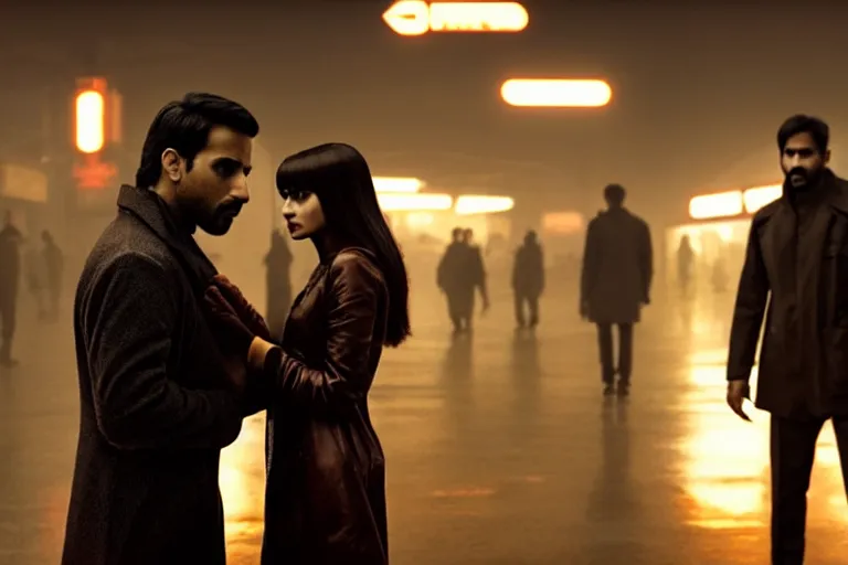 Image similar to film still of closeup beautiful model indian couple in blade runner 2 0 4 9, train station, cinematic, moody, gritty neon noir by emmanuel lubezki