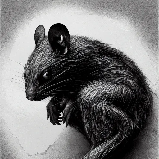 Image similar to masterpiece painting of a black and white spotted wererat highly detailed, digital painting, artstation, concept art, smooth, sharp focus, illustration, art by artgerm and greg rutkowski and alphonse mucha