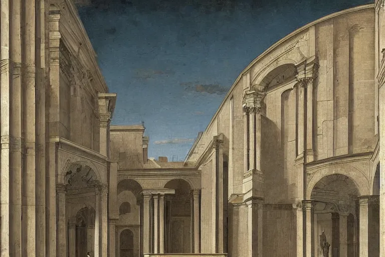 Image similar to non euclidian colossal renaissance stanilist architecture with perspective, by Pierro della Francesca, utopia