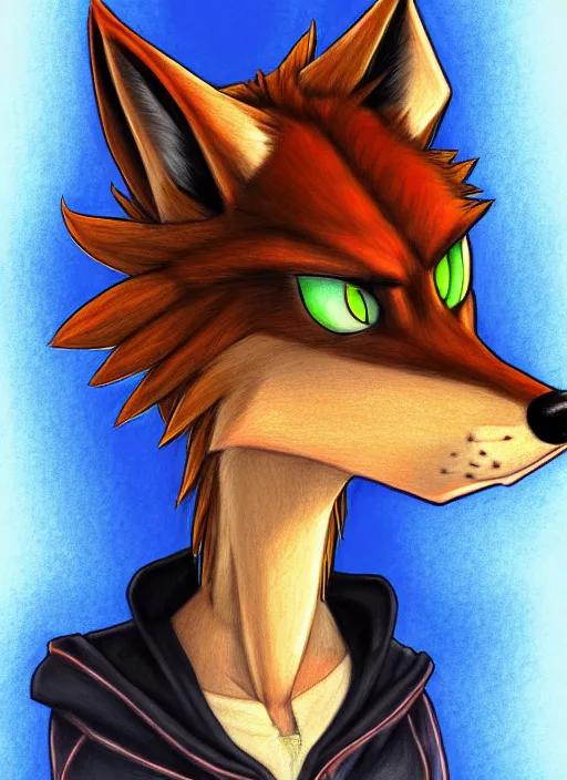 Image similar to expressive stylized master furry artist digital colored pencil painting full body portrait character study of the wolf ( sergal ) small head big eyes toon fursona animal person wearing clothes jacket and jeans by master furry artist blotch