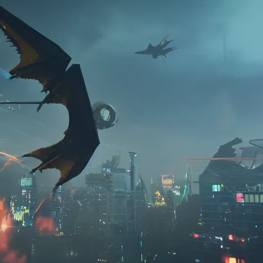 Image similar to a closeup portrait of a pterodactyl shooting lasers from is eyes flying over a destroyed city cyberpunk, fantasy, 4 k, octane render