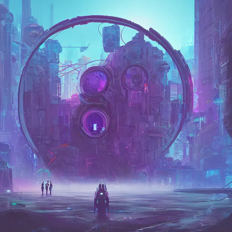 Image similar to a circle portal structure, cyberpunk, epic surrealism, indigo, purple, cyan, detailed digital matte painting in the style of simon stalenhag and painting by ralph mcquarrie