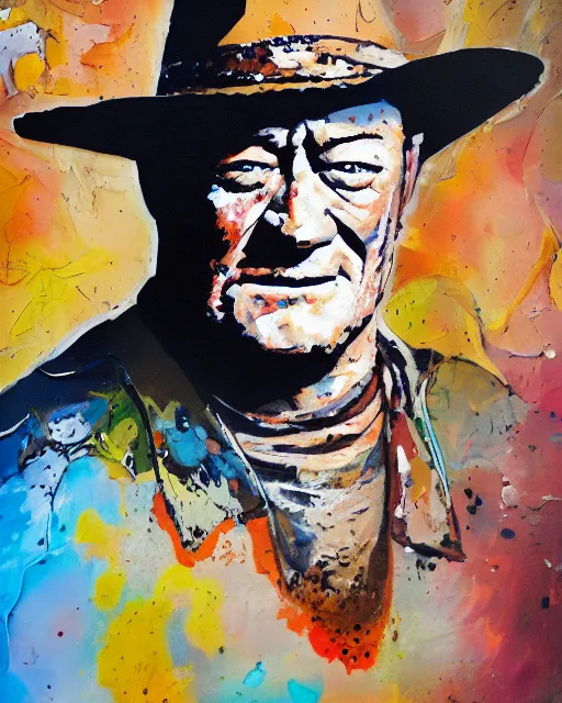 Image similar to abstracted John Wayne painted in extremely thick, glistening impasto splatter paint, in muted colors, in impressionist styles
