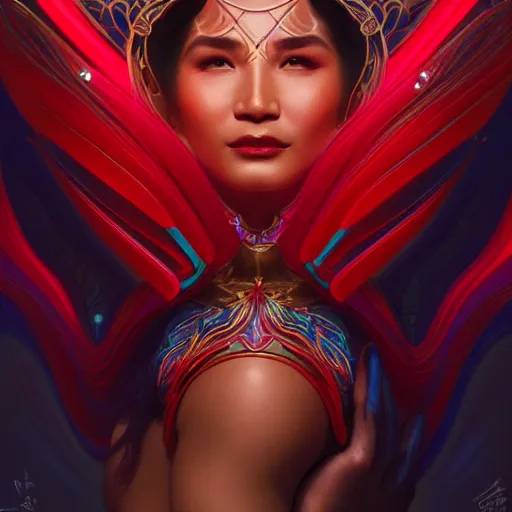 Image similar to jennylyn mercado as darna, volumetric lights, red and cyan theme, art nouveau botanicals, intricate, highly detailed, digital painting, artstation, concept art, smooth, sharp focus, cinematic, illustration, beautiful face, art by artgerm and greg rutkowski and alphonse mucha