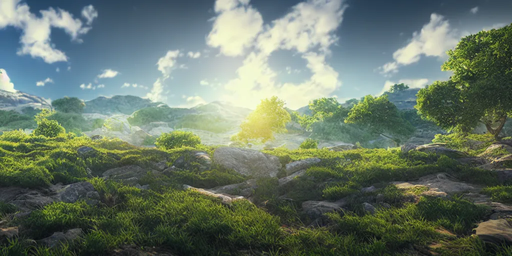 Prompt: beautiful landscape, 3 d render, genshin impact, cinema 4 d, rtx, unreal engine 5