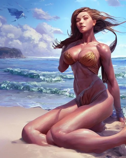 Prompt: beautiful lady at the beach, fantastical, turbulent, highly detailed, fit body, digital painting, artstation, concept art, smooth, sharp focus, illustration, unreal engine 5, 8 k, art by stanley artgerm lau, wlop, rossdraws, frank frazetta, andrei riabovitchev, marc simonetti