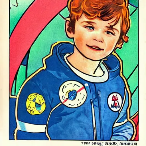 Image similar to a cute little boy with a mischievous face and short ginger hair. he is dressed as an astronaut. well composed, clean elegant painting, beautiful detailed face. comic book art by steve ditko and jack kirby and ( alphonse mucha )