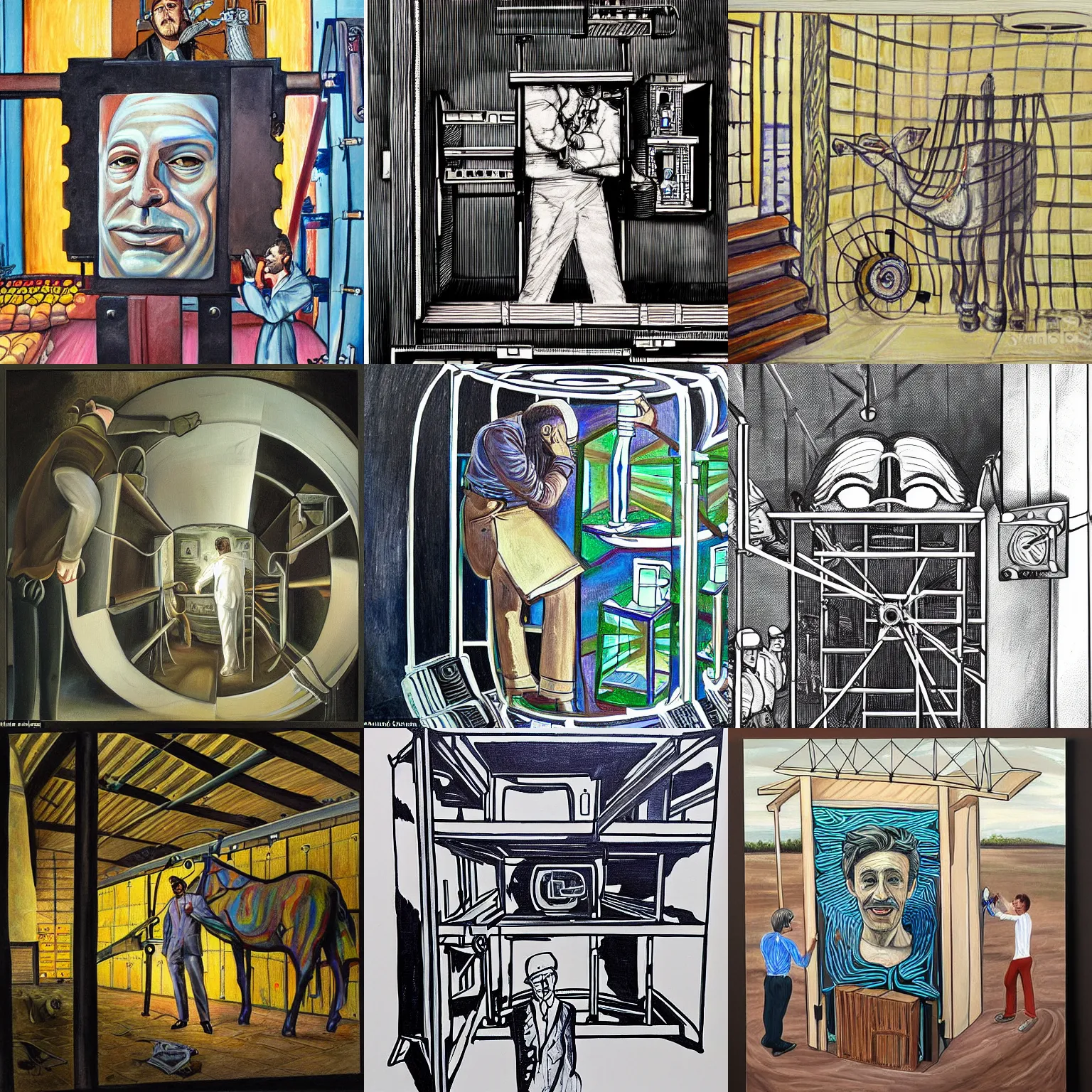 Prompt: stunning painting of the man hiding inside the Stable Diffusion machine drawing all the images