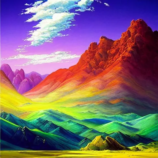 Prompt: this painting is simply stunning. it is a beautiful landscape painting of a desert scene, with mountains in the background and a bright sky. the colors are so vibrant and the detail is amazing. it is a truly beautiful painting. flat color, neon green, deep purple by diego dayer & naoko takeuchi. trending on artstation