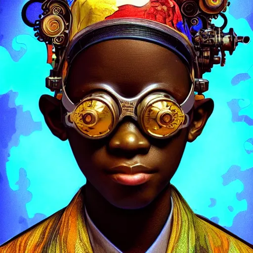 Prompt: colourful vfx upper half - 3 d portrait - art of a nigerian boy wearing steam punk goggles, art by utagawa kunisada, james jean & alphonse mucha, symmetrical, intricate detail, concept art, volumetric light, ray tracing, caricature, digital illustration, octane 3 d render, unreal engine, sharp, pinterest, behance, art station,