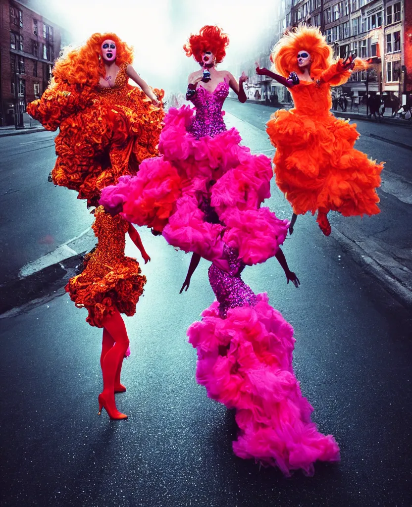 Prompt: 2 drag queens wearing Alexander McQueen gowns dancing in the street photographed by Ryan Mcginley at night with a color gel flash, detailed, hyper realistic photograph,