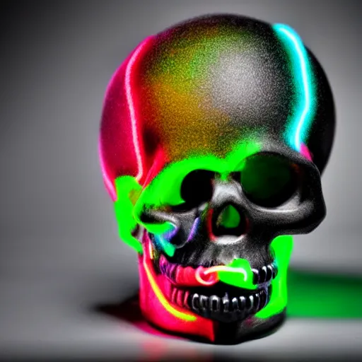 Image similar to Fuzzy neon skull smoking a pipe, studio photography