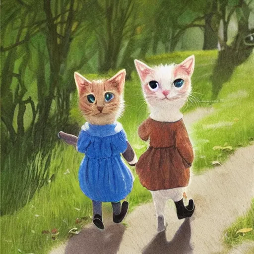 Image similar to two calico cats walking together outside on a beautiful day, cute storybook illustration, trending on artstation, cgsociety, beautiful painting