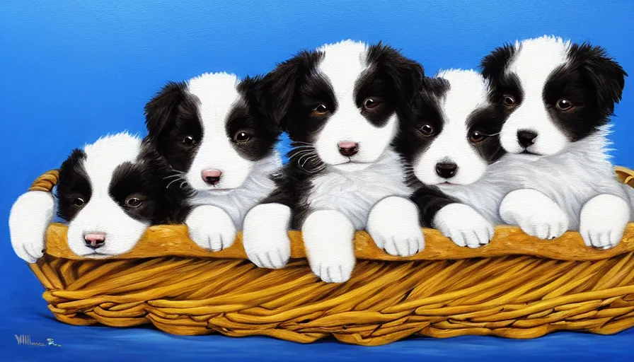 Image similar to highly detailed painting of cute furry baby border collies puppies cuddled up in a basket by william turner, thick brush strokes and visible paint layers, 4 k resolution, blue and white colour scheme