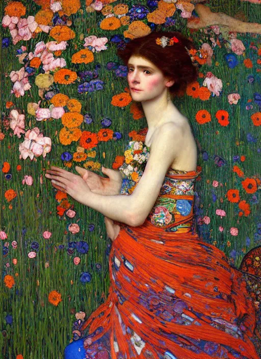 Image similar to a beautiful woman in a colorful dress surrounded by colorful patterns and flowers by john william waterhouse and gustave klimt and and edgar maxence and michael whelan, artistic, intricate realistic fantasy, extremely detailed and beautiful face, 8 k resolution, dramatic lighting