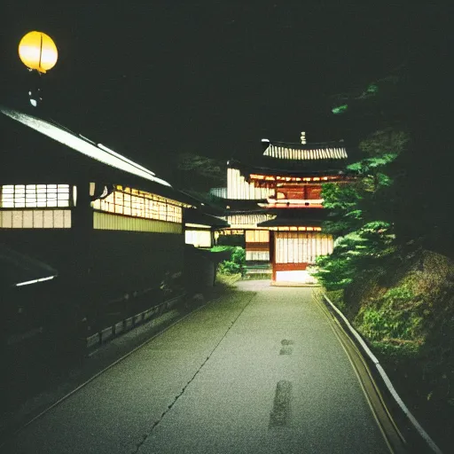 Prompt: a rural japan summer night, photograph taken with a pentax and portra 800