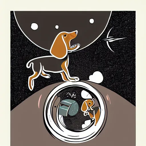 Image similar to colorful mcbess illustration of a dachshund jumping into a portal to another world