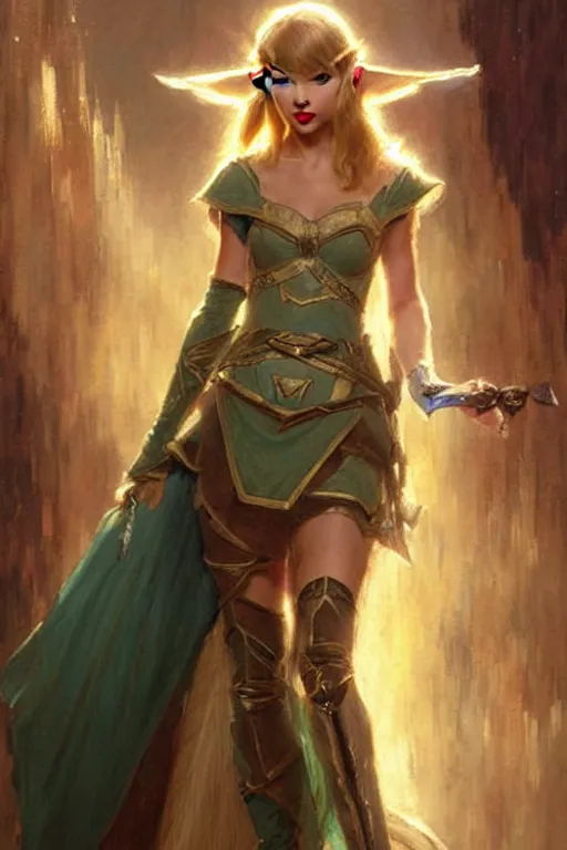 Image similar to taylor swift as princess zelda as a magic the gathering card portrait dnd, painting by gaston bussiere, craig mullins, greg rutkowski, yoji shinkawa