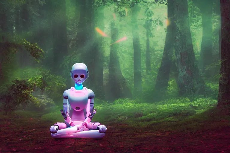 Image similar to a cute robot girl meditating in the forest, astral, synthwave, realism, 8 k