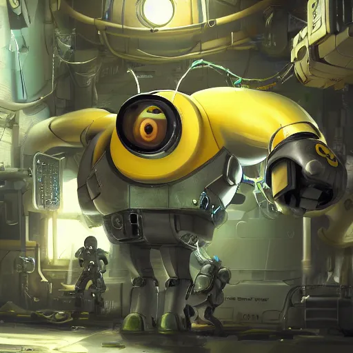 Prompt: A giant cute Minion being worked on by technicians in a mech bay, Battletech, evangelion concept art, sharp lighting, 4k, detailed, bright colors