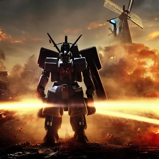 Image similar to gundam as dutch windmill in gears of war, splash art, movie still, cinematic lighting, ray tracing, octane render, long lens, shallow depth of field, bokeh, anamorphic lens flare, 8 k, hyper detailed, 3 5 mm film grain