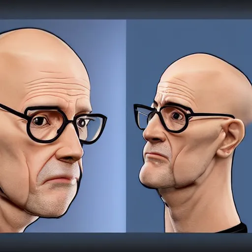 Image similar to A middle-aged Dr. Venture in real life with a hooked nose, a long gaunt face and skinny body and neck, very thin and bald, realistic, very realistic, hyperrealistic, highly detailed, very detailed, extremely detailed, detailed, digital art, oil painting, trending on artstation, headshot and bodyshot, detailed face, very detailed face, extremely detailed face, HD Quality, 8k resolution, very very detailed face, real life