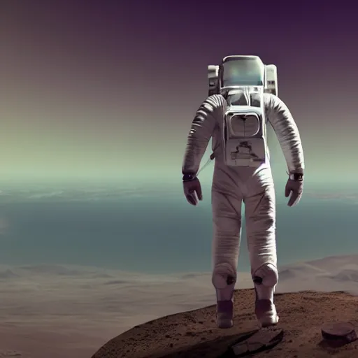 Image similar to an astronaut with their back to the camera, standing on top of a tall cliff, looking out over a futuristic city on mars in the distance, cinematic, ultra realistic, 8 k, hd render