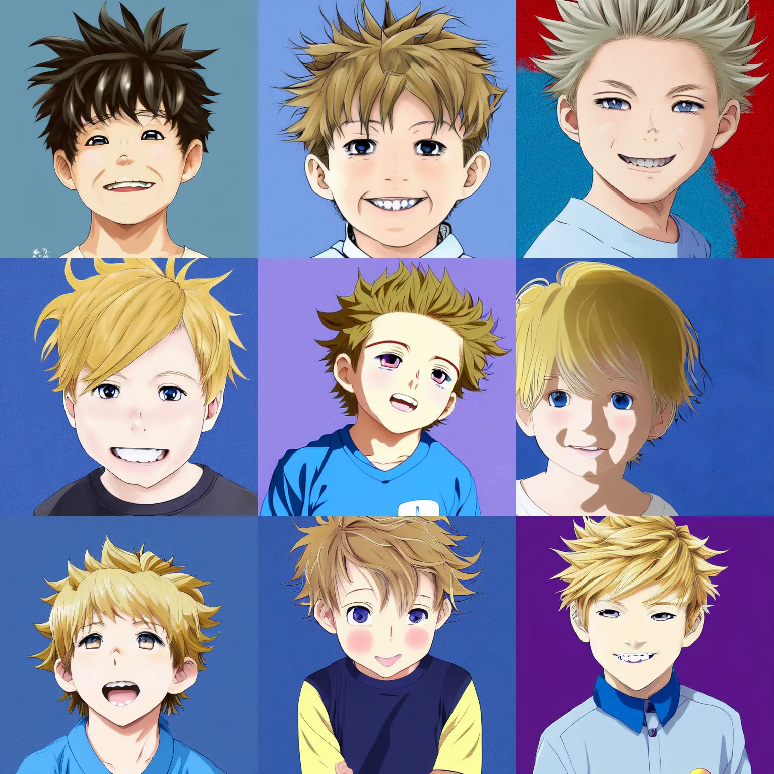 Prompt: A medium shot anime portrait of a young smiling anime boy child with extremely short curly wavy light blonde hair and blue eyes, buzzed sides, blue-eyed, chubby face, very young, 4yr old, medium shot portrait, top hair wavy, his whole head fits in the frame, solid color background, flat anime style shading, head shot, 2d digital drawing by Stanley Artgerm Lau, WLOP, Rossdraws, James Jean, Andrei Riabovitchev, Marc Simonetti, and Sakimi chan, trending on artstation