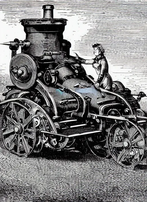 Image similar to 19th century wood-engraving of a steam powered Renault FT tank with no person around, whole page illustration from Jules Verne book, art by Édouard Riou Jules Férat and Henri de Montaut, frontal portrait, high quality, beautiful, highly detailed, removed watermarks