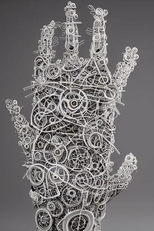 Prompt: cybernetic robotic hand made of intricate gears, wires and ceramics, engraved with sanskrit writing