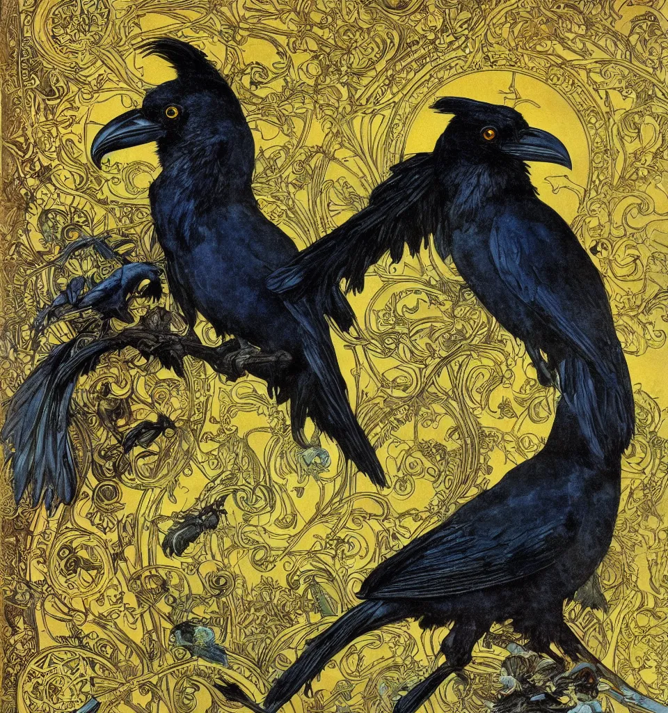 Prompt: photorealistic detailed victorian raven animal portrait painting, ornate dark turquoise and black and yellow ochre background with circle arch, art by friedrich schenk and alphonse mucha and walter crane and louis sullivan and greg hildebrandt