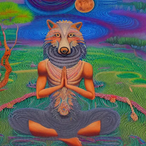 Image similar to an anthromorphic wolf man meditating in a zen garden, by amanda clark and amanda sage in a psychedelic style, oil on canvas