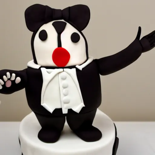 Image similar to anthropomorphic cake wearing a tuxedo, holding his hand out, facing viewer