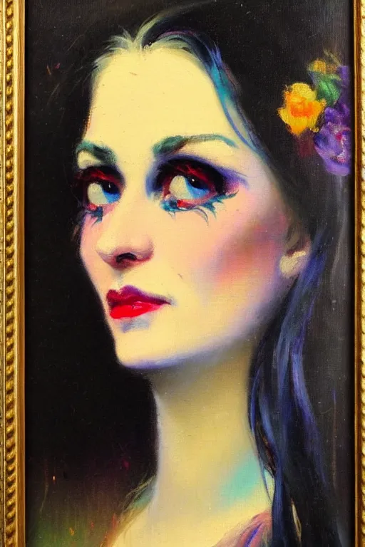 Image similar to impressionist brushstrokes!!!! lisa frank and richard schmid and jeremy lipking victorian loose genre loose painting full length portrait painting of a victorian vampire