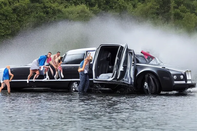 Image similar to Group of teenagers push Rolls-Royce into lake with their hands from a small slide wanting to drown him