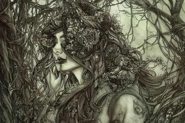 Image similar to fae living in the forest, beautiful, mesmerizing, concept art, intricate linework, detailed and intricate environment, artstation, inspired by monstress, sana takeda