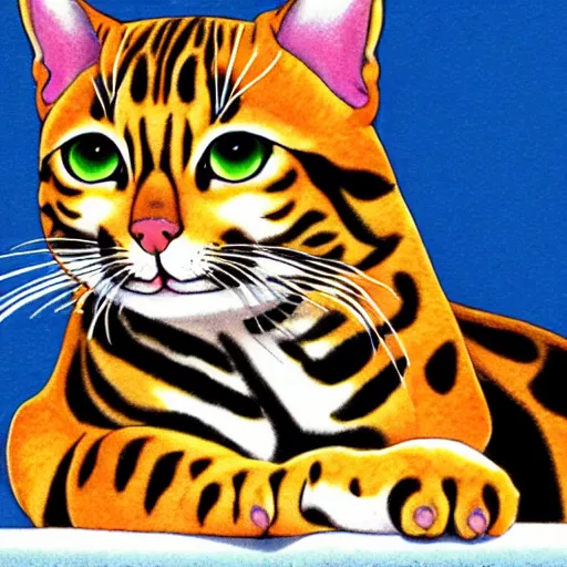 Image similar to bengal cat, adult, beautiful fur, friendly, detailed, anime, takeshi koike - i