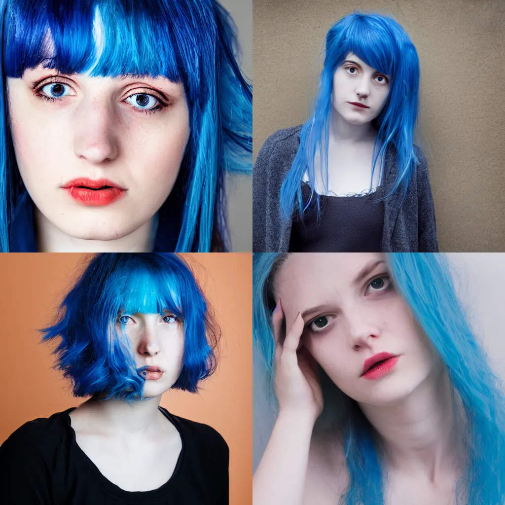 Prompt: an alternative young woman with messy blue hair, pale