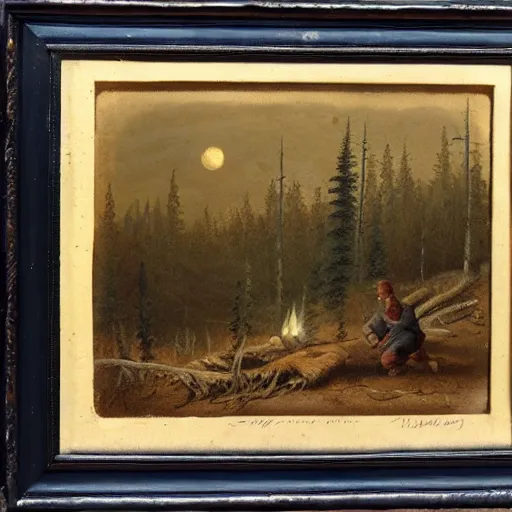 Image similar to hunter, alone in the wilderness, campfire embers, midnight, dark boreal forest, 19th century