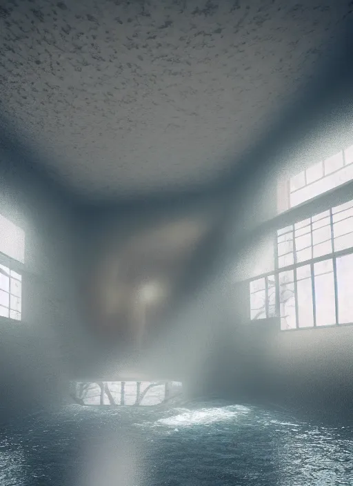 Image similar to wakah - chan, kodak portra 4 0 0 photographic and realistic, octane render, 4 k, hyper realistic, only floor flooded, wide angle, 2 8 mm, sharp focus, soft light, volumetric light fog,
