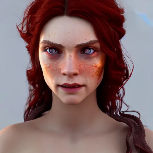 Image similar to a very beautiful 3d scarlet witch, long hair, hazel eyes, cute freckles, full round face, short smile, golden hour, post apocalyptic setting, medium shot, mid-shot, highly detailed, trending on Artstation, Unreal Engine 4k