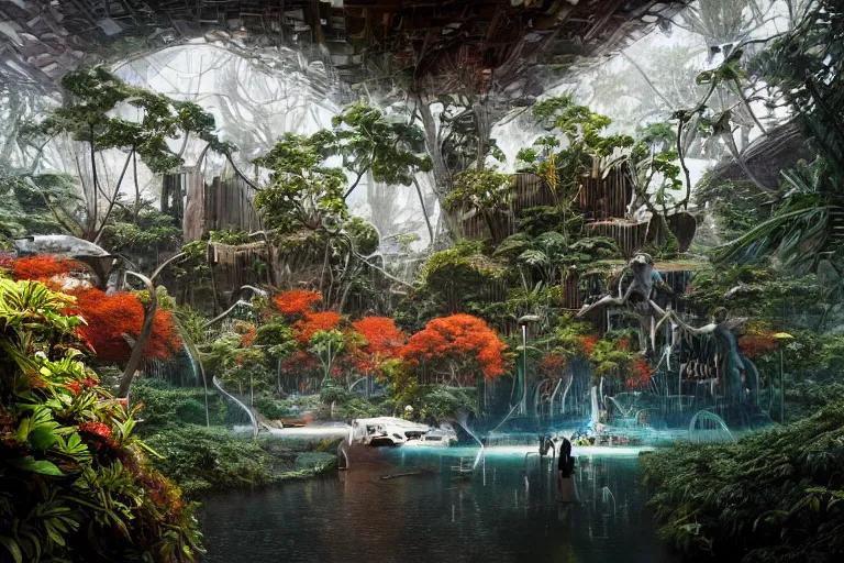 Prompt: brutalist futuristic white Aztec structures, manicured garden of eden, red pools and streams, tropical foliage, birds, sculpture gardens, Winter, by Jessica Rossier and Brian Froud