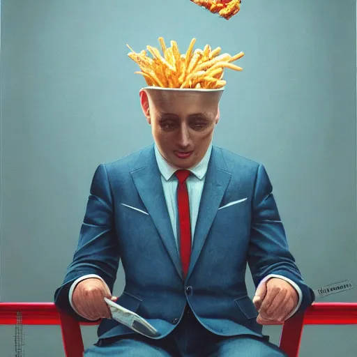 Image similar to a politician in a blue suit and red tie in an electric chair, mcdonalds french fries, beksinski, dariusz zawadzki, symmetrical, very coherent symmetrical artwork, cinematic, hyper realism, high detail, octane render, 8 k