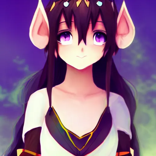 Image similar to adorable young cute anime elf girl, long black hair, detailed fantasy armor, smooth face. beautiful spark eyes. beautiful lineart. concept art adoptable, centered, chromatic aberration, noise, soft lighting, srgb, 4 k, cinematic