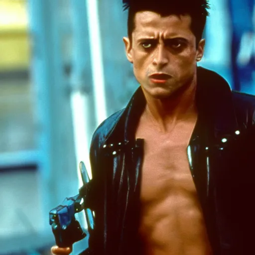 Prompt: cinematic still from terminator 2 : judgement day with the terminator t - 8 0 0 played by joey tribbiani